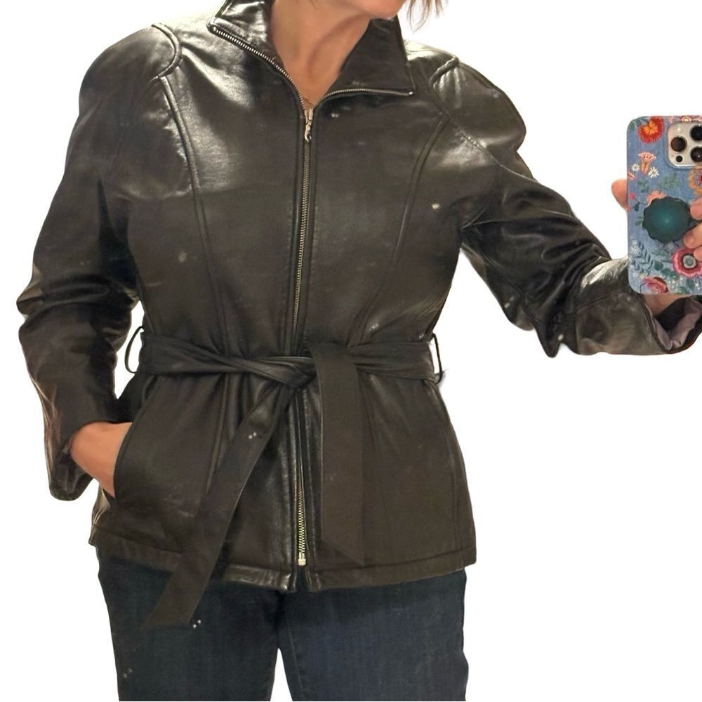 WILSONS LEATHER Black Belted Leather Biker Jacket Zip Front Size Medium - Picture 2 of 14